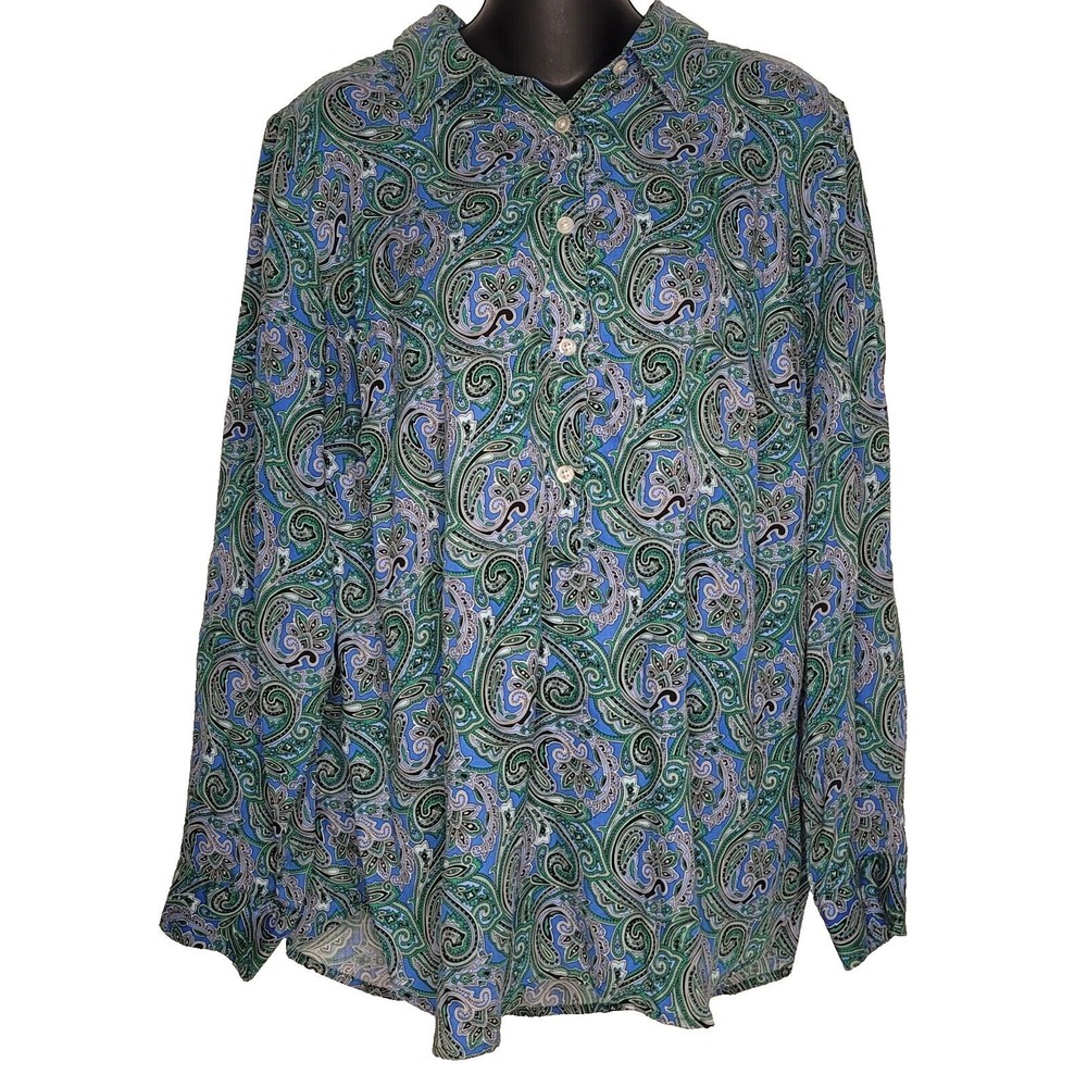 Talbots Womens Size X Paisley Print Blue Green Blouse Shirt Long Sleeve Top